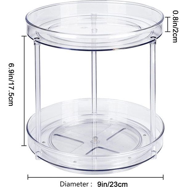 Lazy Susan Koelkastorganizer, draaibare kruidenhouder, draaitafel, kast, organizer, keuken, draaibaar kruidenrek, doorzichtig, kruidenorganizer, keukenrek, twee verdiepingen, 23 cm