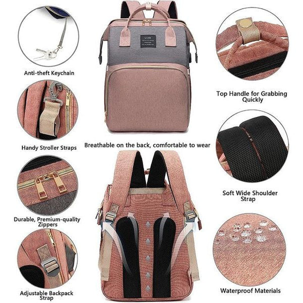 Luiertas, rugzak, babytassen met draagbaar aankleedkussen, fopspeenhouder en kinderwagenriemen, opvouwbare Mommy Bag Diaper Bag, roze, m