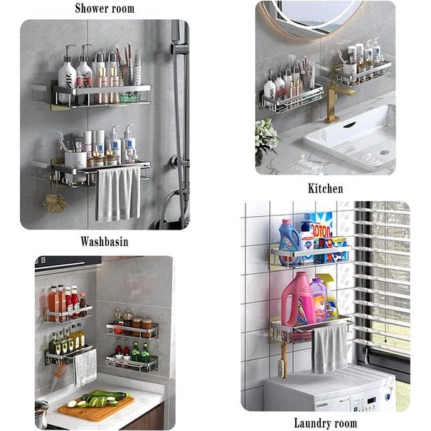 Doucheplank zonder boren, doucheplank met haken, handdoekhouder, aluminium, zonder sporen achter te laten, zelfklevende doucheplanken met 2 haken, voor keuken, badkamer, douchemand om op te hangen, 2