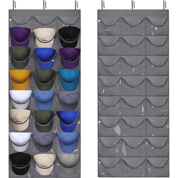 Baseball pethouder organizer hangt achter de deur, pethouder met transparante diepe vakken, hoedenhanger met 24 vakken, hoedenopbergtas met metalen haken (donkergrijs)