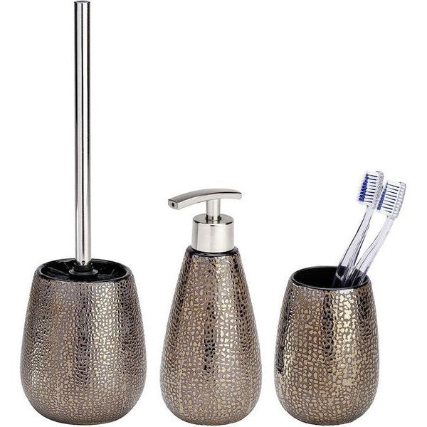 Badkameraccessoires set Marrakesh, 3-delig, navulbare zeepdispenser, wc-set incl. wc-borstel en tandenborstelbeker van keramiek, oosterse flair door bijzondere glansstructuur, bruin