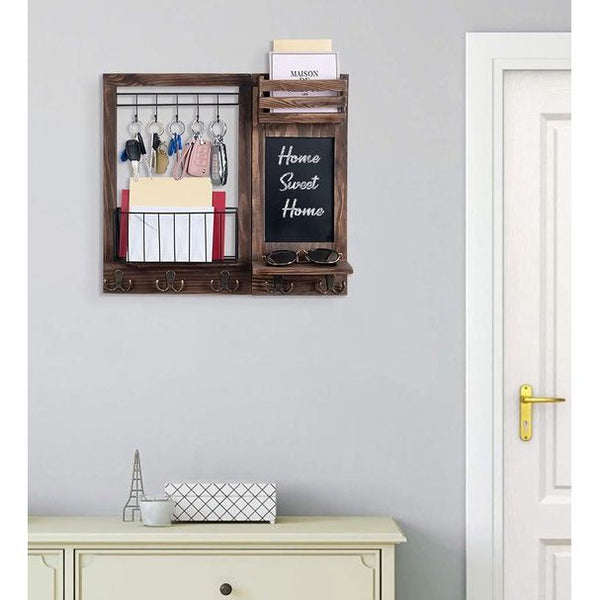 Sleutelrek met plank, wandplank voor sleutelplank, brievenbak, krantenrek, sleutelopberger met schoolbord, brievenhouder, sleutelhouder, wandkapstok, 47 x 42 x 9 cm