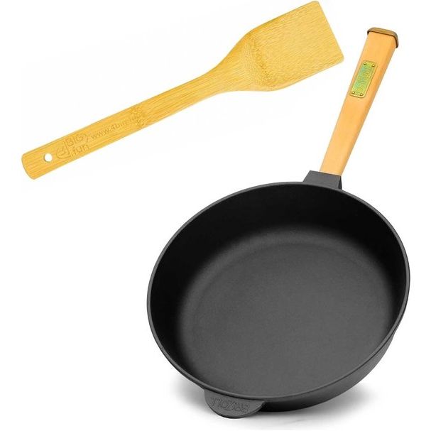 Cast Iron Frying Pan with Removable Wooden Handle and Spatula, 58mm high, 24 cm, High Rim