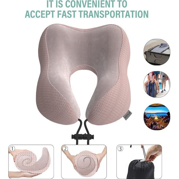 Nekkussen vliegtuig, reiskussen auto van traagschuim met fluweelzachte overtrek, nekkussen voor volwassenen, voor reizen, camping, kantoor en huis (roze)