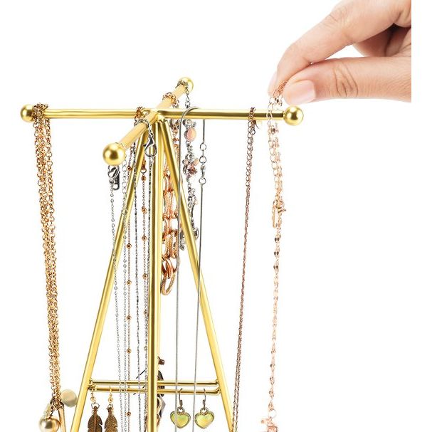 Belle Vous Gouden Pyramide Sieraden Houder Display Standaard met Ronde Basis - H29 cm - Hangende Organizer Boom/Toren - Metalen Opslag Rek voor Kettingen, Armbanden, Ringen & Oorbellen