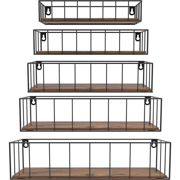Set van 5 wandplanken, zwevende planken met zwarte metalen staven en bruine houten plank, rustieke plankenwand voor keuken, badkamer, slaapkamer, woonkamer en kantoor (verticale lijn)