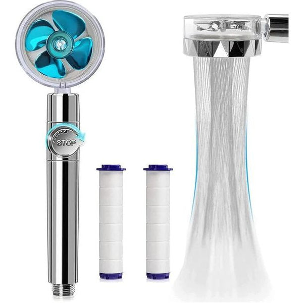 Pipihome - Hogedruk-waterbesparende douche, Inclusief 2 extra katoenfilters, 360 graden draaibare propeller-aangedreven handdouchekop met filter (Blauw)