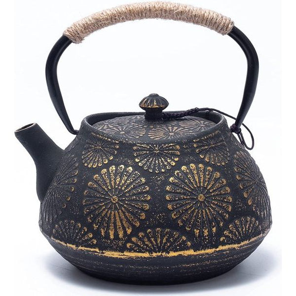 Theepot van gietijzer, Japanse theepot met infuser voor los blad, grote capaciteit, 1200 ml, Sakura design theepot voor fornuis met geëmailleerd interieur, Bredemeijer theepot, zwart