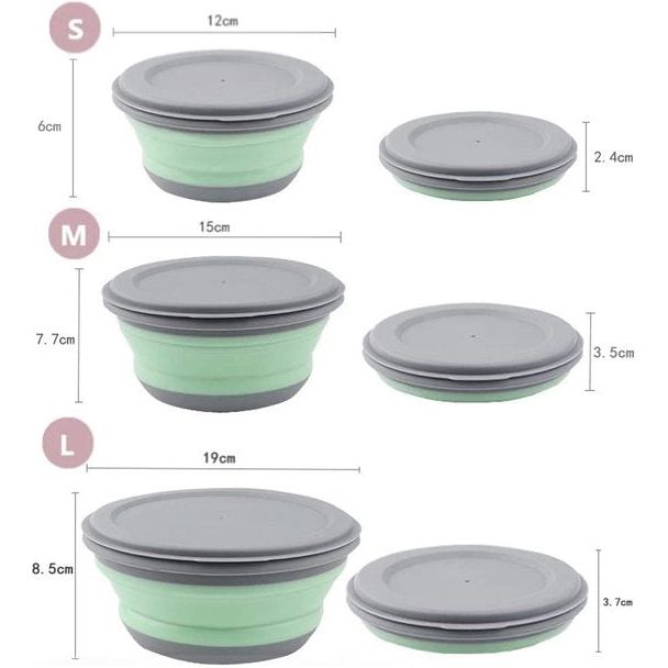 Opvouwbare Kom, 3 stks Draagbare Opvouwbare Siliconen Kom Camping Voedsel Opslag Dozen ronde Voedsel Opbergdoos, Opvouwbare fruitsalade kom voor kamperen, wandelen, keuken, Outdoor School, groen