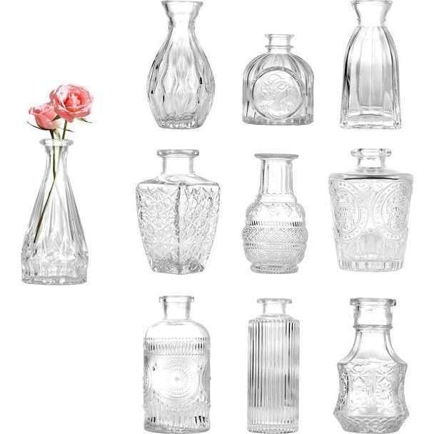 Kleine glazen vazen ​​​​voor tafeldecoratie, mini-vazen, set van 10 stuks, glazen vazen, bloemenvaas, moderne tafelvazen, bruiloft, kleine vaas, decoratieve glazen voor droogbloemen, glazen flessen,