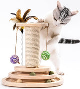 Houten kattenspeelgoedroller 2-laags draaitafel Interactief kattenspeelgoed met veren, 3-in-1 kittenspeelgoed Interactieve ballen en hangende ballen en kattenkrabben