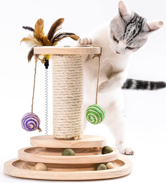 Houten kattenspeelgoedroller 2-laags draaitafel Interactief kattenspeelgoed met veren, 3-in-1 kittenspeelgoed Interactieve ballen en hangende ballen en kattenkrabben