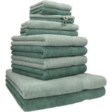 set van 12 badstoffen handdoeken, 2 x badhanddoeken, 4 x handdoeken, 2 x gastendoekjes, 2 x washandjes, kleur hoogren/dennengroen