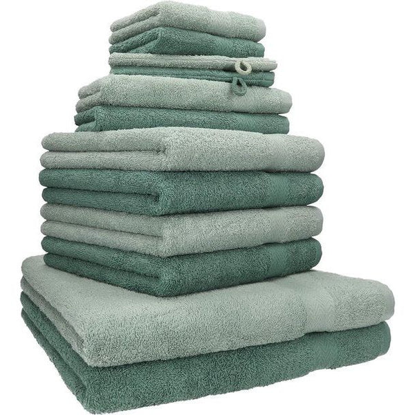 set van 12 badstoffen handdoeken, 2 x badhanddoeken, 4 x handdoeken, 2 x gastendoekjes, 2 x washandjes, kleur hoogren/dennengroen