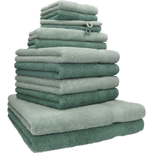 set van 12 badstoffen handdoeken, 2 x badhanddoeken, 4 x handdoeken, 2 x gastendoekjes, 2 x washandjes, kleur hoogren/dennengroen