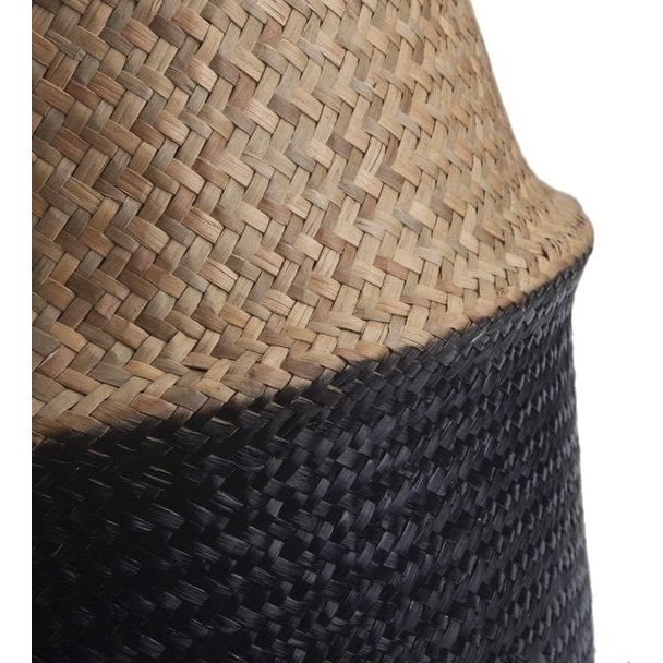 Zeegrasmand, bloempot, natuurmand, geweven wasmand met handvat voor planten, speelgoed, opslag (zwart)