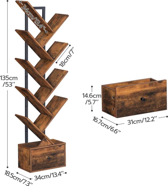 Boekenkast met lade, staand rek met 9 niveaus, boomvormige boekenkast, dvd-rek, boekentoren vrijstaand, voor woonkamer, slaapkamer, thuiskantoor, vintage bruin