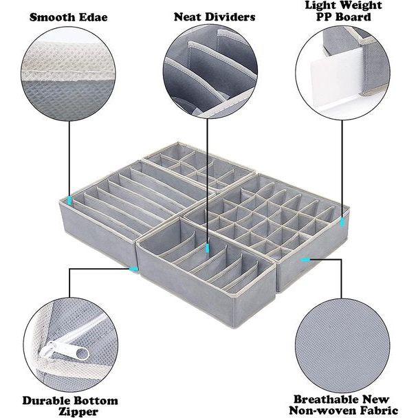 Ondergoed opbergdoos, lade-organizer, gebruikt voor kledingkast ladeverdeler, sokken, beha's en stropdassen, opvouwbare stoffen doos voor kast (set van 6 grijs)