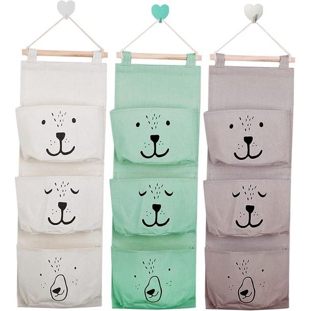 SCHYIDA 3 stuks hangende tas voor aan de muur, hangende opbergtas, hangende organizer met 3 halve cirkelvormige vakken, voor kinderkamer, badkamer, slaapkamer, grijs/groen/wit
