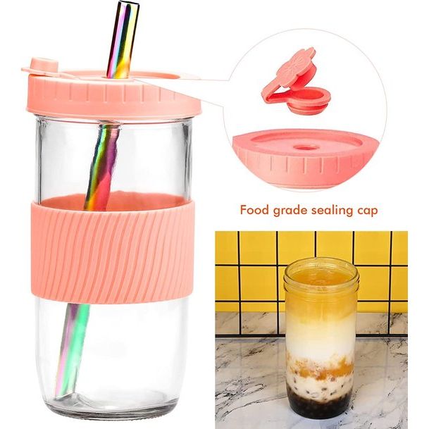 Set van 2 drinkglazen met spatvast deksel en rietje, herbruikbare inmaakglas, drinkbeker, bubble theebeker, Mason Jar glas voor dranken, smoothie, beker, cocktailglas, beker, 730 ml