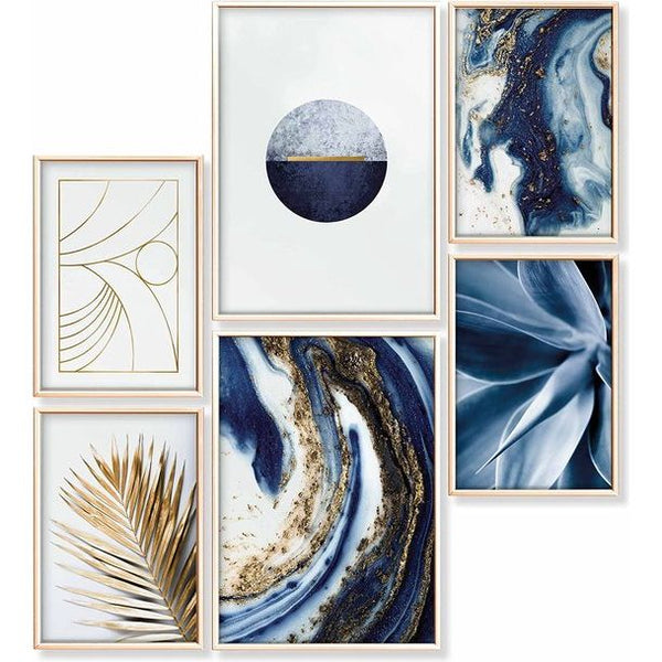 Heimlich® premium posterset zonder fotolijst, stijlvolle set met bijpassende afbeeldingen als woonkamerdecoratie, 2 x DIN A3 en 4 x DIN A4, ca. 30 x 42 cm en 21 x 30 cm, "Abstract Blue Marmor"