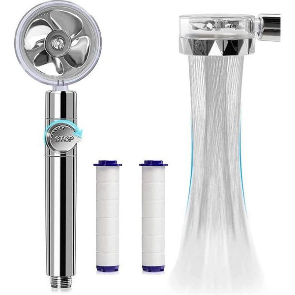 Pipihome - Hogedruk-waterbesparende douche, Inclusief 2 extra katoenfilters, 360 graden draaibare propeller-aangedreven handdouchekop met filter (Zilver)