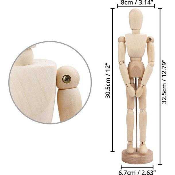 Kurtzy 30,5cm Houten Mensen Lichaam Tekenen Mannequin met Standaard - Flexibele Gewrichten Artiest Model Hout – Gearticuleerd Unisex Kunst Figuur Voor Schetsen & Schilderen – Perfecte Huis Decoratie