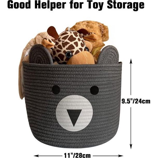 Opbergmand voor kinderen, babyspeelgoed, katoenen touw, gevlochten wasmand, klein, opvouwbaar, kinderkamer, decoratie, mand, grijze beer (28 x 28 x 24 cm)