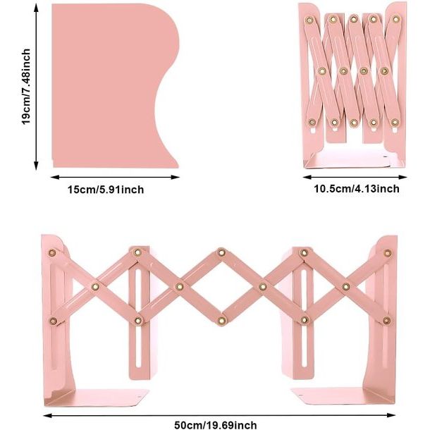 Boeksteun, boekensteunen, metalen boekensteun, 1 stuk boekenhouder, verstelbare boekensteun, boekensteun voor plank, boekensteunen metaal roze voor bureau, uittrekbaar tot 49,8 cm