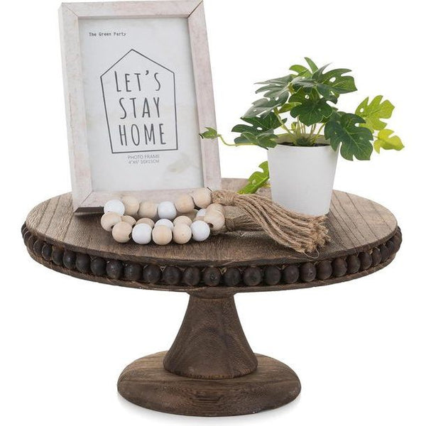 Ronde houten taartstandaard basis: vintage taartstandaard voor weergave rustiek bruin klein decoratief met kralenrand boerderij taartstandaard taartbel hoog decoratief dienblad 30 cm