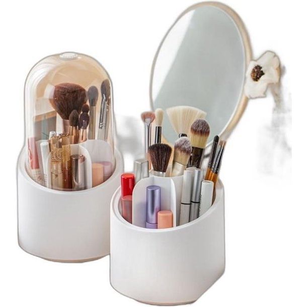 Make-up kwastenhouder, organizer, blij 360 graden draaibaar, waterproof, make-up borstels met stofdichte hoes, make-up borstels, caddy voor make-up plank, 360 graden draaibaar, parelwit