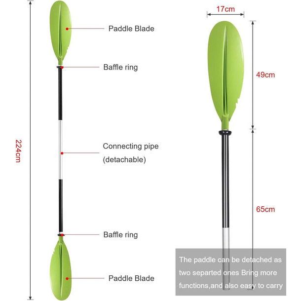 Pedaal van aluminium voor kajak, roeiboot, dubbel pedaal van 222 cm lang of 2x losse peddels