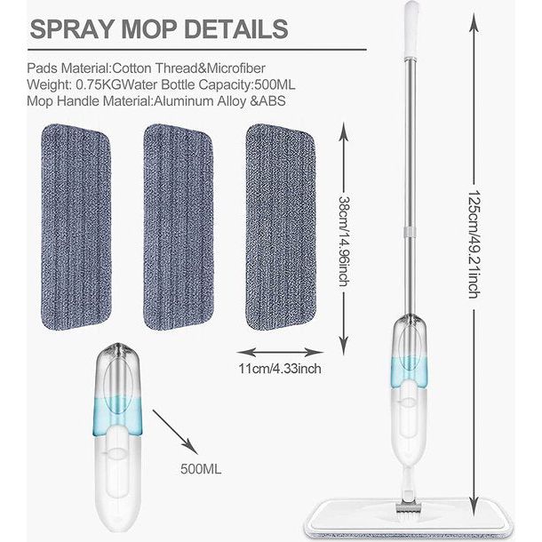 Sproeiwisser vloerwisser, wisser met sproeifunctie met 3 dweilpads en 500 ml watertank, sproeimop voor tegels, laminaat, marmer, hardhout