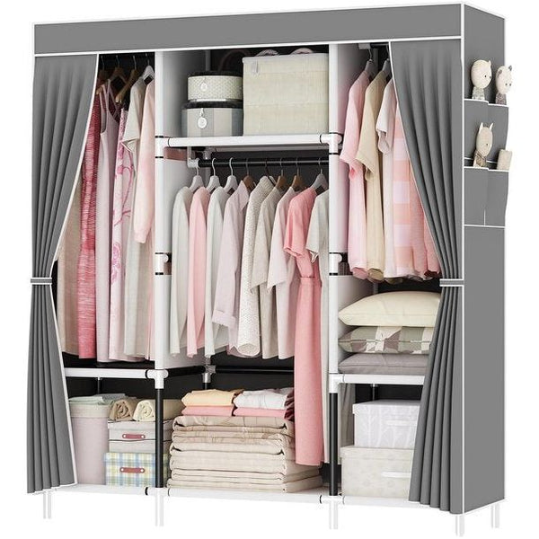 Open kledingkast, stoffen kast met ritssluiting, kledingkast met 3 kledingstangen, 3 vakken en 4 zijvakken, vouwkast, 175 x 150 x 45 cm, voor kleedkamer, slaapkamer, grijs