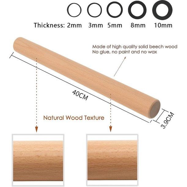 Beukenhouten deegroller, verstelbare deegroller, deegroller met dikke ringen in 5 maten, perfecte bakaccessoires, rolling pin voor fondant, pizza, koekjes, deeg, kruimeldeeg, 40 cm