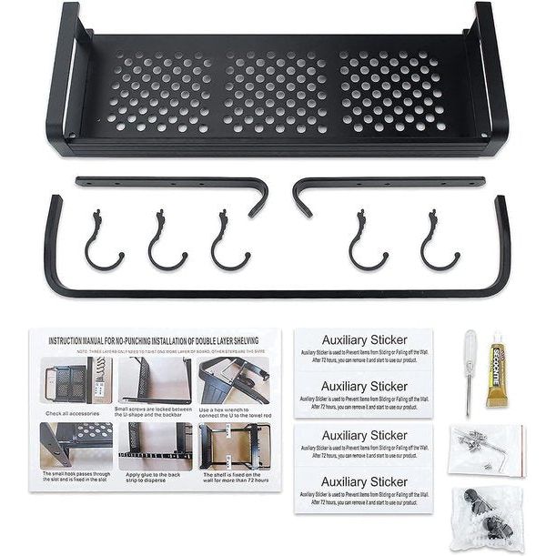 Doucheplank zonder boren, doucherek van ruimte aluminium, zelfklevend badkamerrek, douchemand en shampoohouder voor douche, badkamer en keuken (zwart, 30 cm).