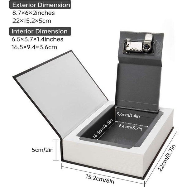 Echt papieren transferboek, veilig voor sieraden, geld en contant geld, hol met verborgen vak, sleutel en cijferslot (wachtwoordblokkering, zwart woordenboek)