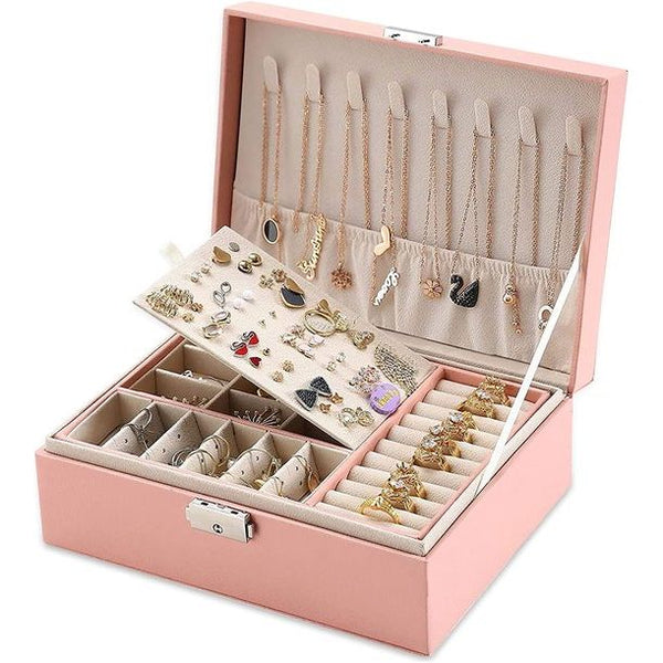 Sieradendoos voor dames, sieradenopbergdoos, twee lagen, voor sieraden, opbergkoffer, sieraden, organizer voor oorbellen, armbanden, ringen, horloges, cadeau voor je dierbaren (roze)