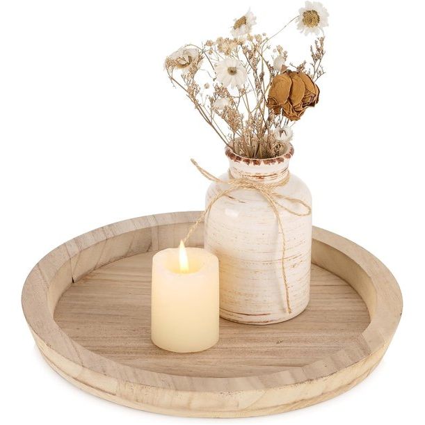 Houten dienblad, kaarsendienblad, decoratie, 28,5 cm, rond, kaarsenbord, houten dienblad, landhuis, kandelaar, decoratief bord, tafeldecoratie, woonkamer