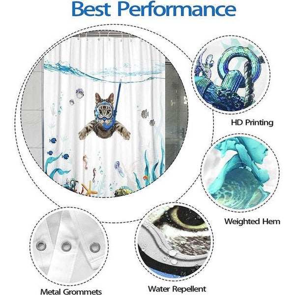 Shower Curtain Diving Cat Ocean Print Turtle Fish Starfish Waterproof Bath Curtain Durable Polyester 180 x 180 cm Modern Bathroom Decoration Accessories Comes with 12 Shower Curtain Rings