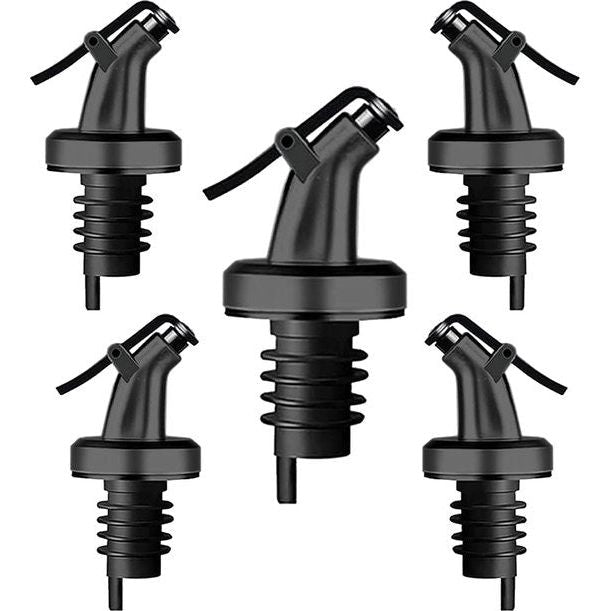Olijfolieschenker, olie-azijnwijndispenser met lekvrij mondstuk. Schenker voor flessen, siroop, azijn, sap, zwart, past op de binnendiameter van de flessenhals 23 mm (5 stuks)