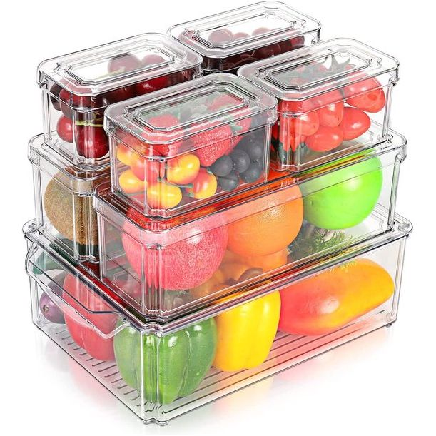Koelkast Organizer, Transparante Stapelbare Opbergdoos Organizer Set Kleine Koelkastdoos Pantry Opbergdoos voor Keukens, Koelkast, Kasten Planken, Badkamer, Set van 7