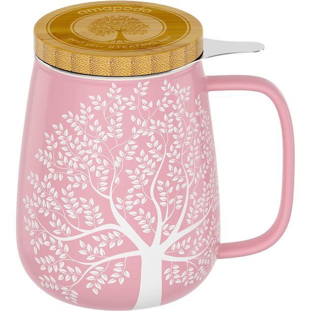 Theemok met deksel en zeef, 600 ml, grote porseleinen theemok - jumbomok - XXL Tea Cup set roze - plasticvrij