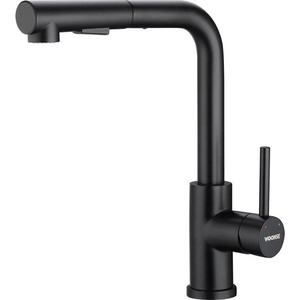 Keukenkraan met sproeier, uittrekbaar, hogedruk waterkraan, keuken, zwart, 360° rotatie, spoelbakarmatuur met douche, twee waterstraalsoorten, keukenkraan van roestvrij staal 304, mengkraan