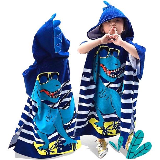 Badponcho met capuchon, kinderponchohanddoek, strandhanddoeken met capuchon voor baby's, cartoon absorberende strandhanddoek voor kinderen, kinderbadhanddoek met capuchon voor strandzwemdouche (blauwe dinosaurus)