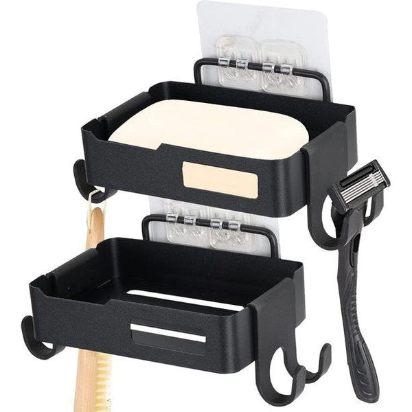 zeephouder voor de douche, set van 2 zeepsponshouders voor wandmontage met 4 haken, zelfklevend, boorvrij zeepbakje, roestvrijstalen zeepbakhouder voor de badkamerkeuken