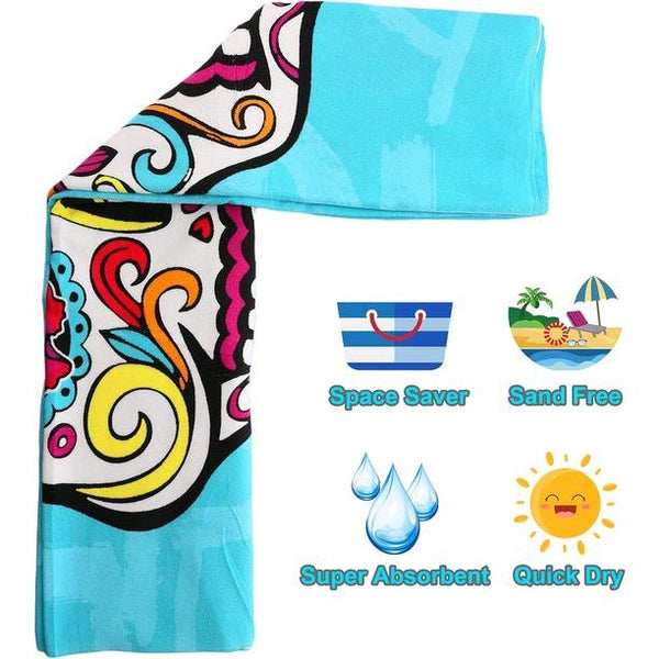 Microvezel strandlaken 90x170cm anti-zand, strandlaken zacht, 100% microvezel, sneldrogend - turquoise schedel