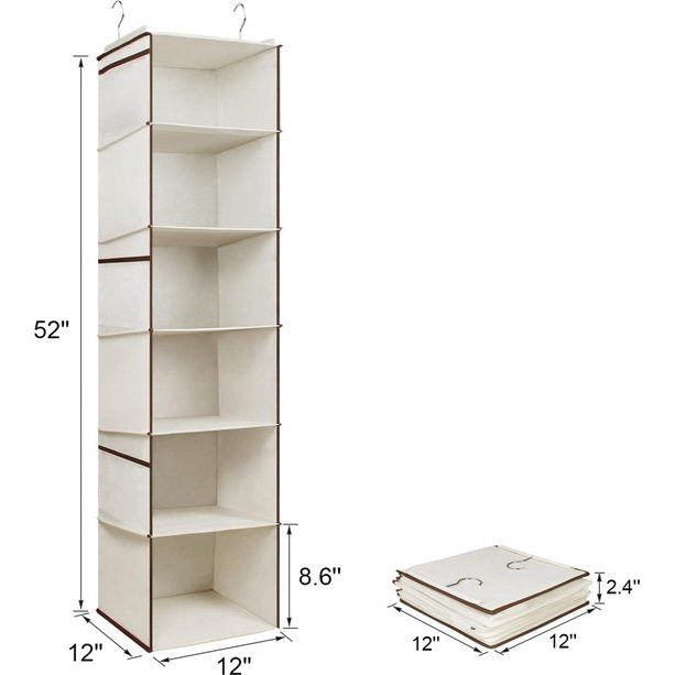 6 compartimenten hangende plank, kledingkast organisator 6 planken zijvakken van gaas, hangende kledingkast opbergorganisator, hangende planken voor kledingkast kastkleding, beige