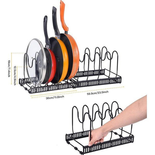 Pannenhouder, uitbreidbaar rek van roestvrij staal, met 7 verstelbare verdelers, perfect voor keukengerei, pannen, potten en deksel, zwart