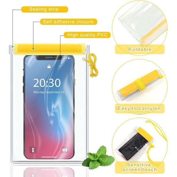 Waterdichte tas, waterdichte tas, documententas, waterdichte tas, droge tas voor camera's en mobiele telefoons, waterdichte tassen voor reizen, thuis en buiten, 3 stuks, geel, Transparante
